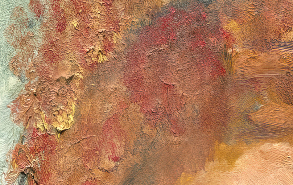 Close detail of the sitters red hair painted with restrained warmth